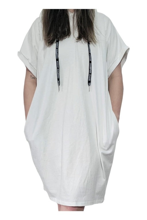 Imicoco - Witte T-shirt Jurk met Capuchon - Chique Design