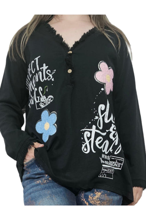 KS - Zwarte Longsleeve met Bloemen en Leuke Teksten - 100% Katoen - Chique Design