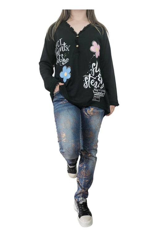 KS - Zwarte Longsleeve met Bloemen en Leuke Teksten - 100% Katoen - Chique Design