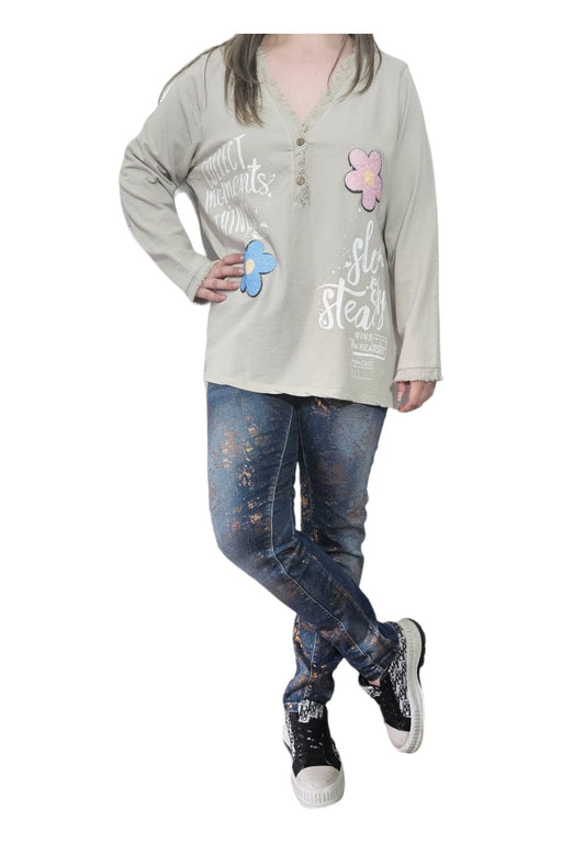 KS - Dames Longsleeve met Bloemen en Leuke Teksten kleur Beige - Chique Design